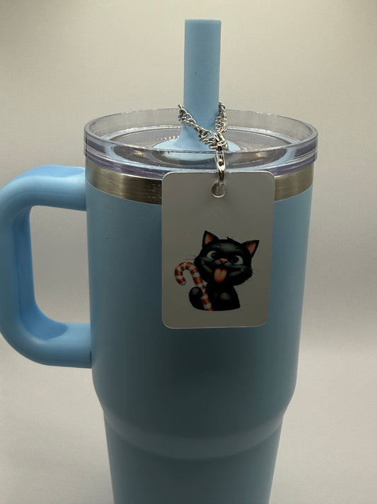 Rectangle charm for tumbler or bag - Candy cane Black cat