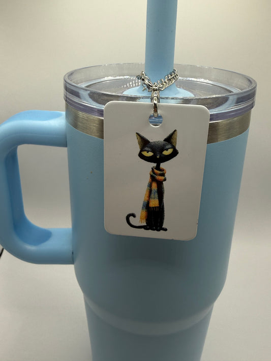 Rectangle charm for tumbler or bag - Black cat scarf