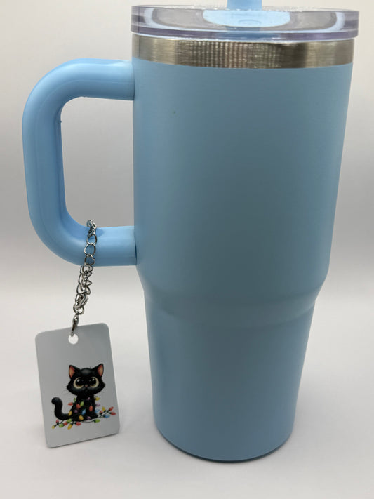Rectangle charm for tumbler or bag - Black cat Christmas lights