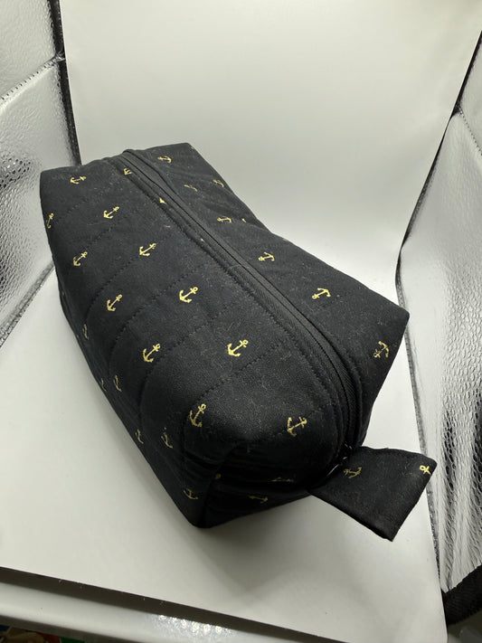 Medium sized travel cosmetic bag - black & gold anchors