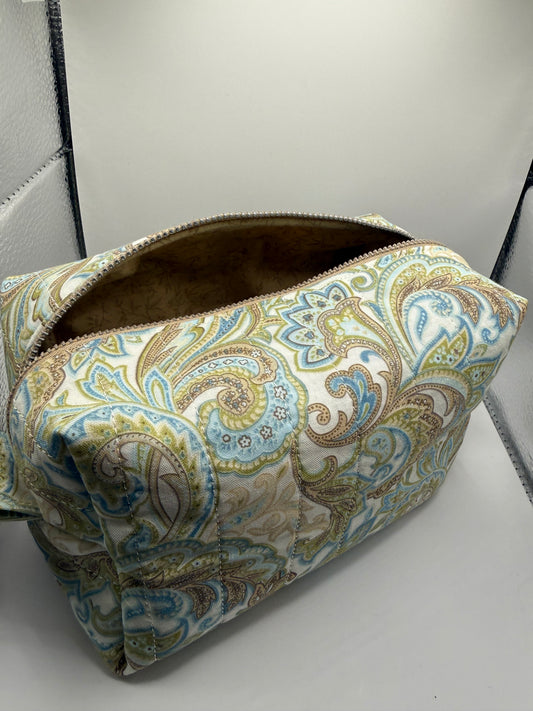 Medium sized travel cosmetic bag - Blue & Brown paisley