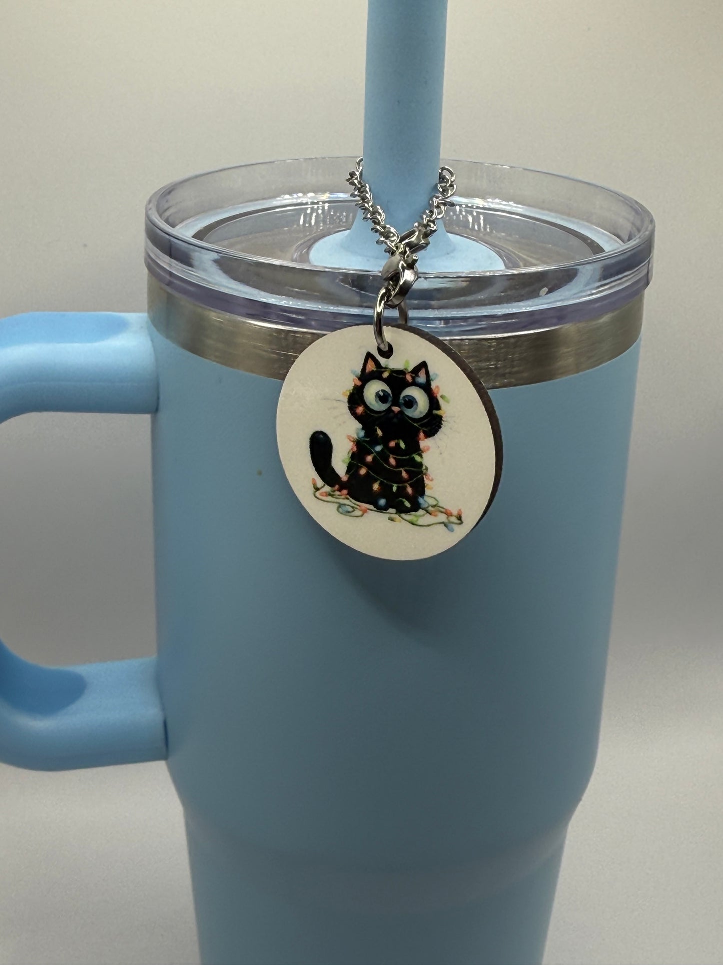 Round charm for tumbler or bag - Holiday tangled cat