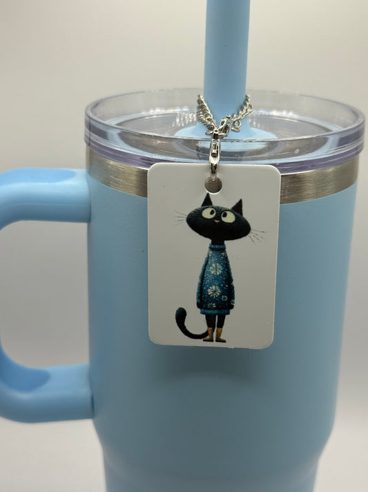 Rectangle charm for tumbler or bag - Black cat SWEATER