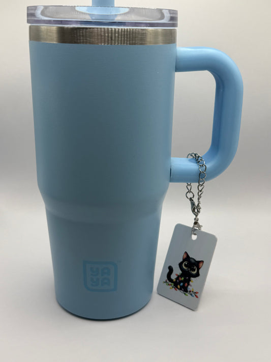 Rectangle charm for tumbler or bag - Black cat Christmas lights