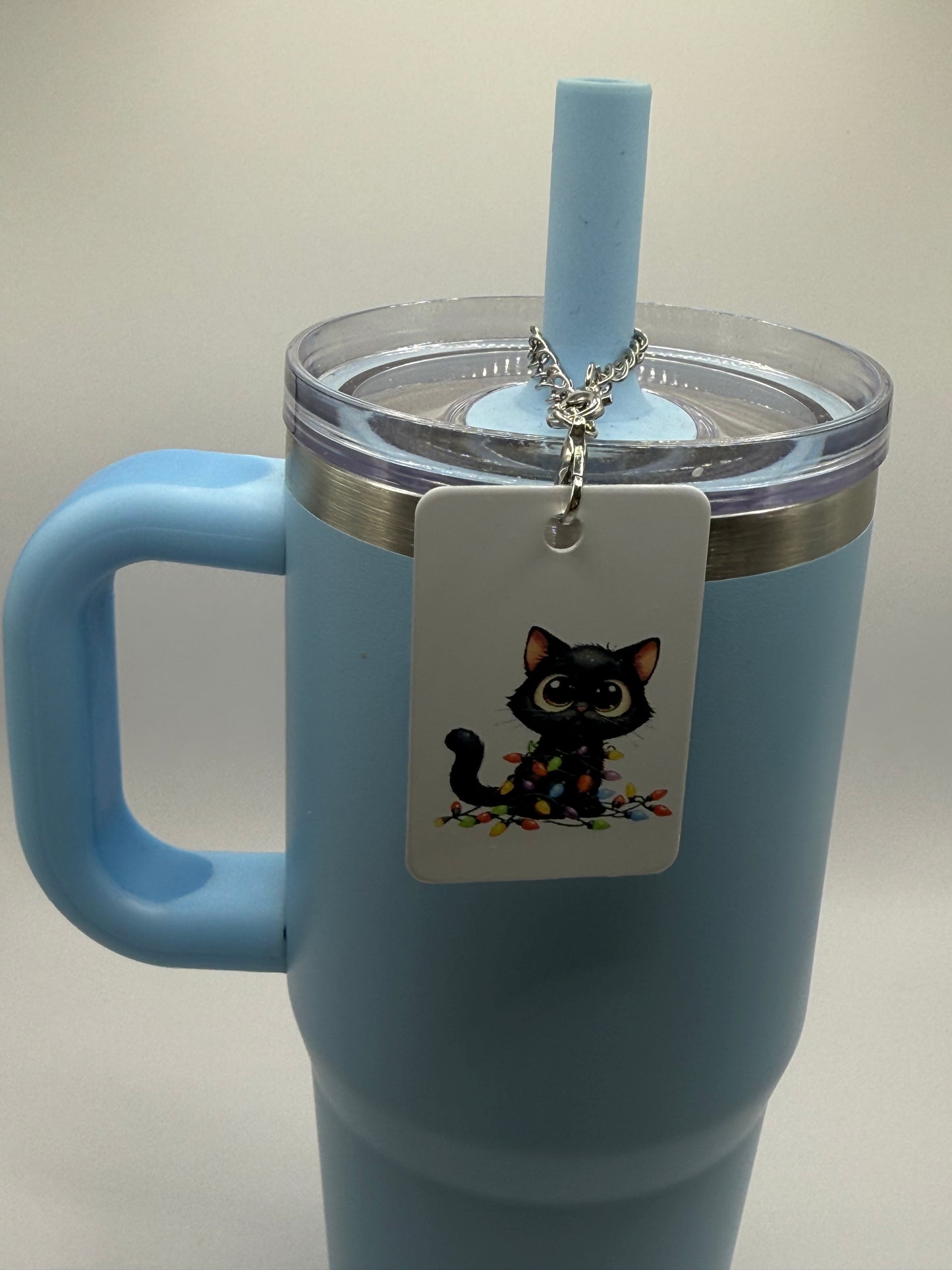 Rectangle charm for tumbler or bag - Black cat Christmas lights