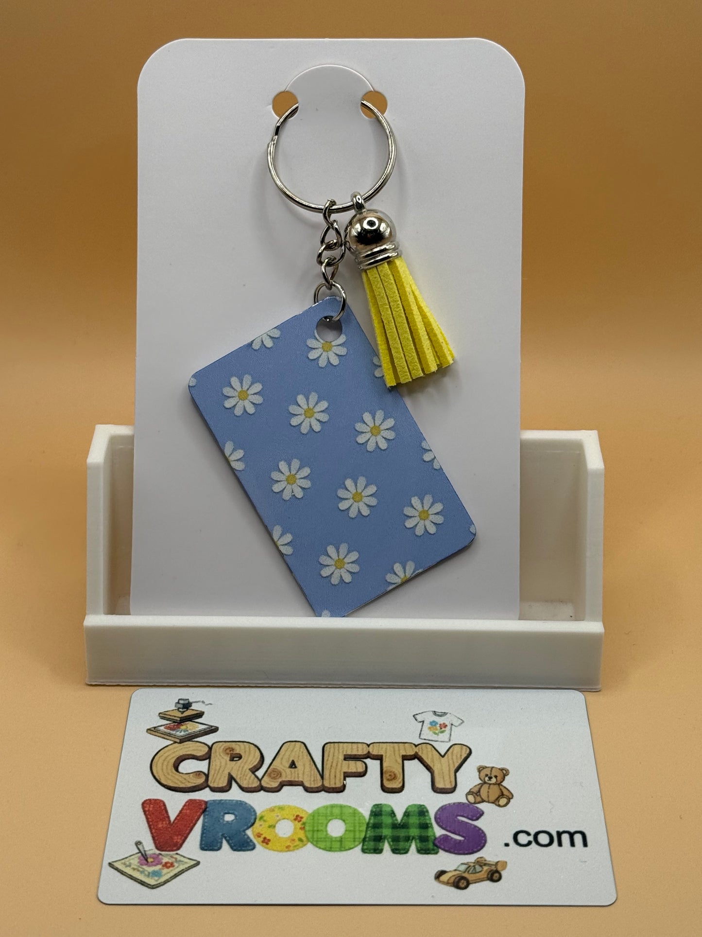 Rectangle keychain w/tassel - Floral blue daisies