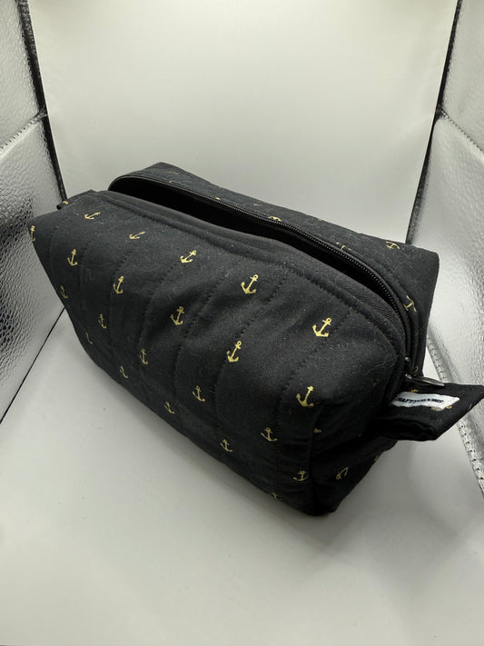 Medium sized travel cosmetic bag - black & gold anchors