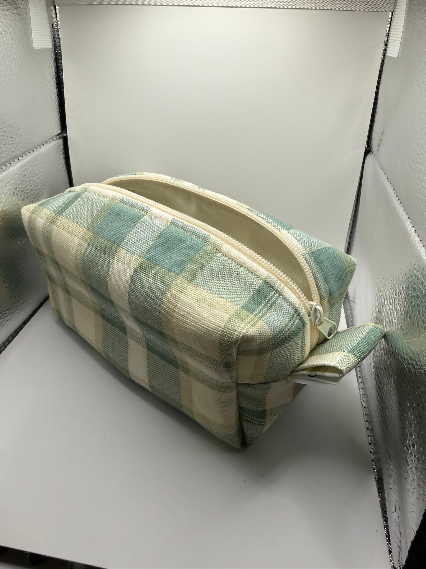 Medium sized travel cosmetic bag - green & ivory plaid