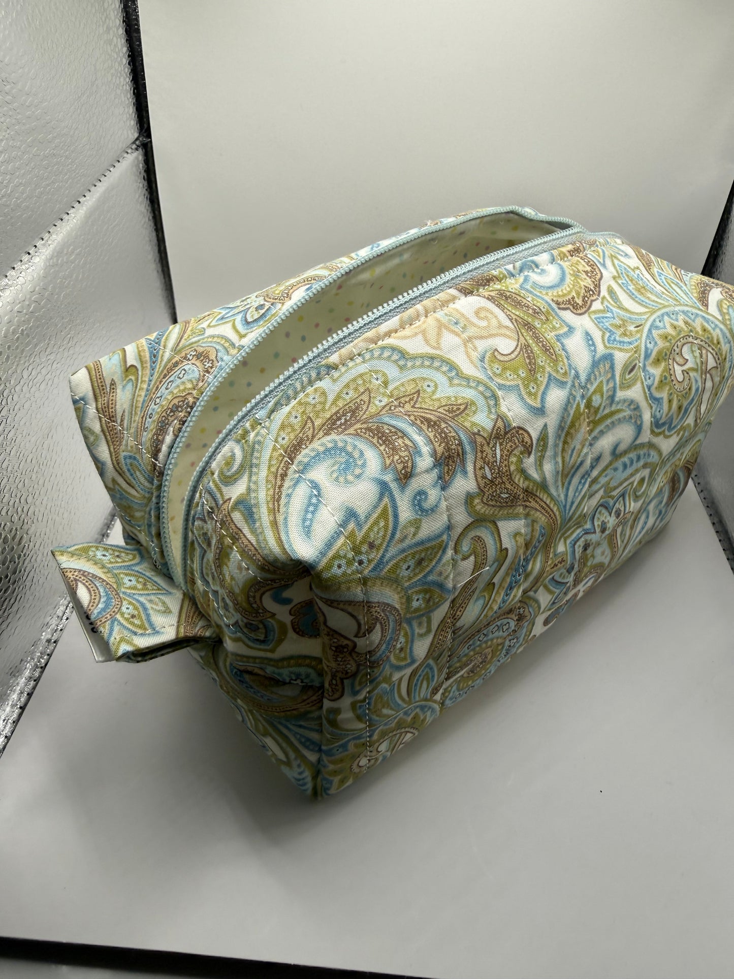 Medium sized travel cosmetic bag - Blue & Brown paisley