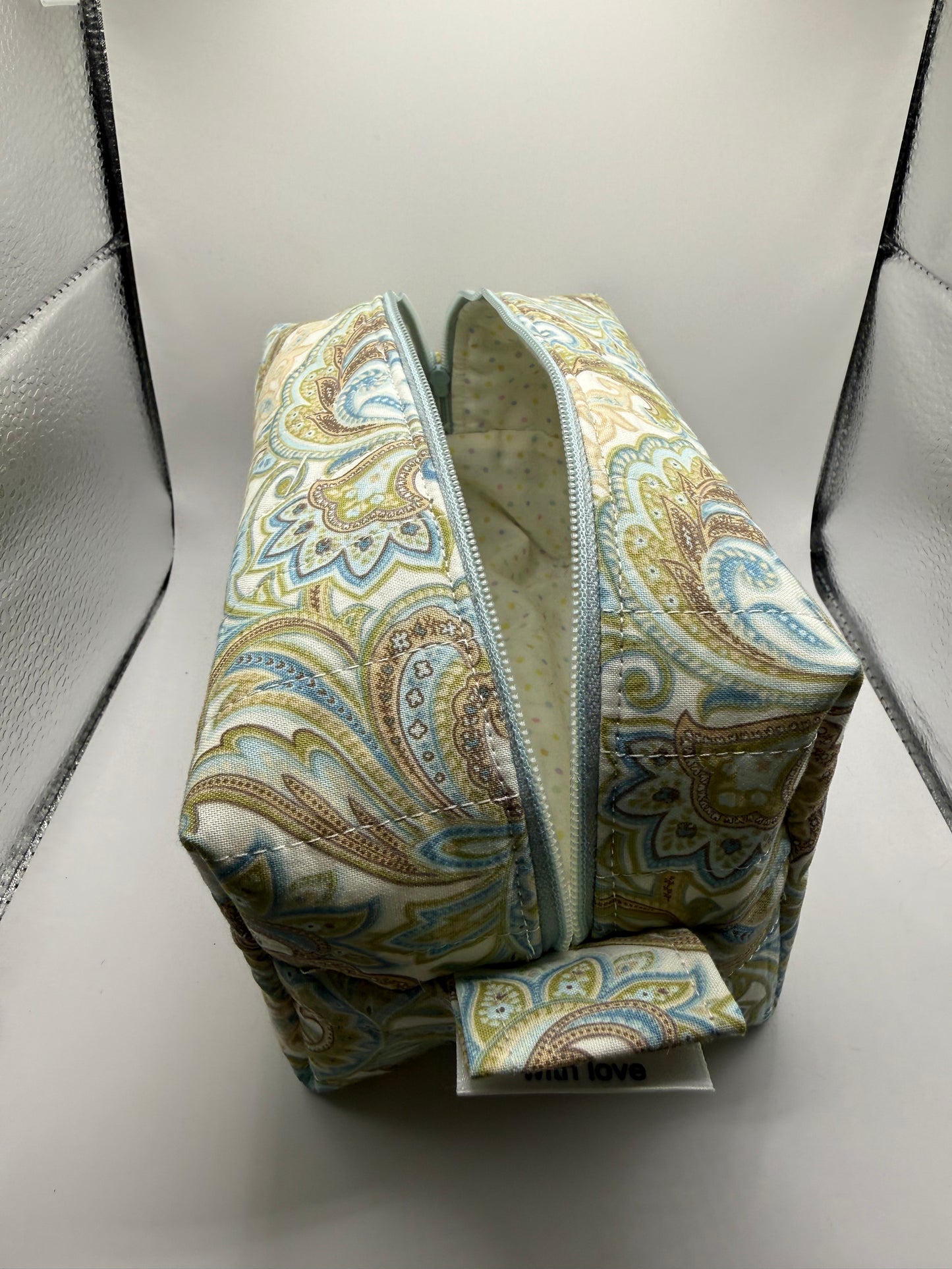 Medium sized travel cosmetic bag - Blue & Brown paisley