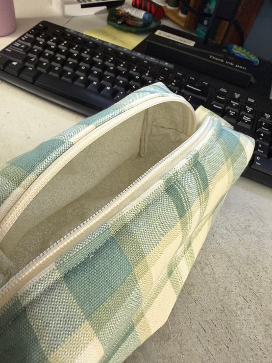 Medium sized travel cosmetic bag - green & ivory plaid