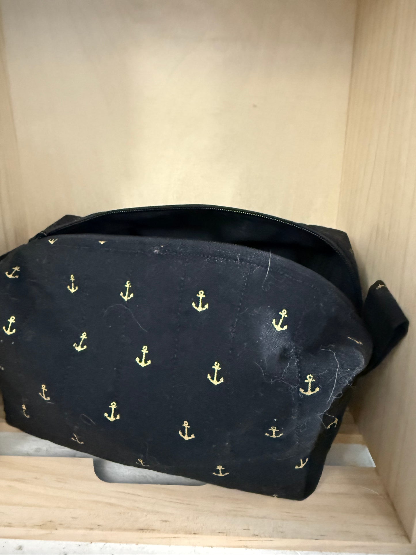 Medium sized travel cosmetic bag - black & gold anchors