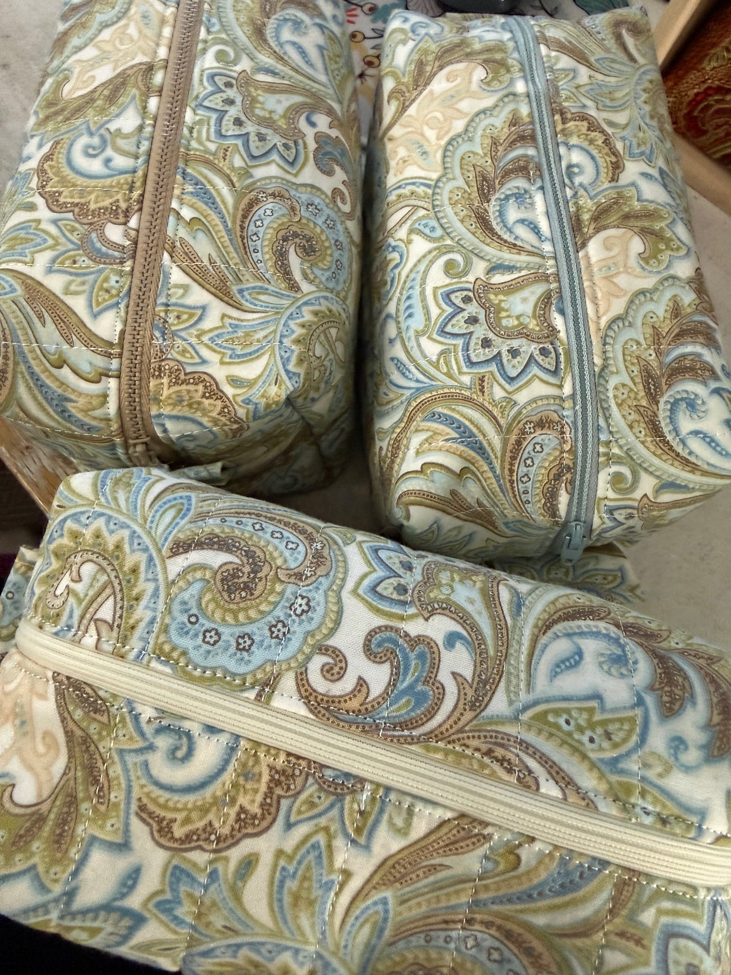 Medium sized travel cosmetic bag - Blue & Brown paisley